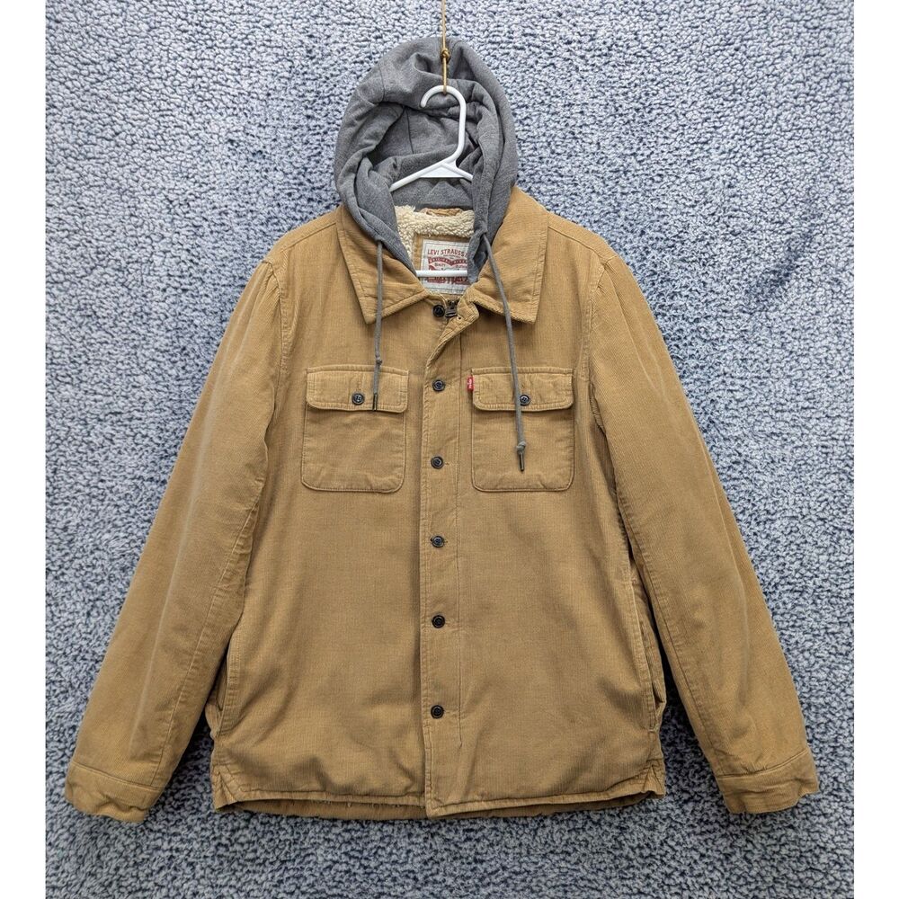 Levis Sherpa Lined Corduroy Trucker Jacket Mens S Full Zip Hooded Outdoor Tan